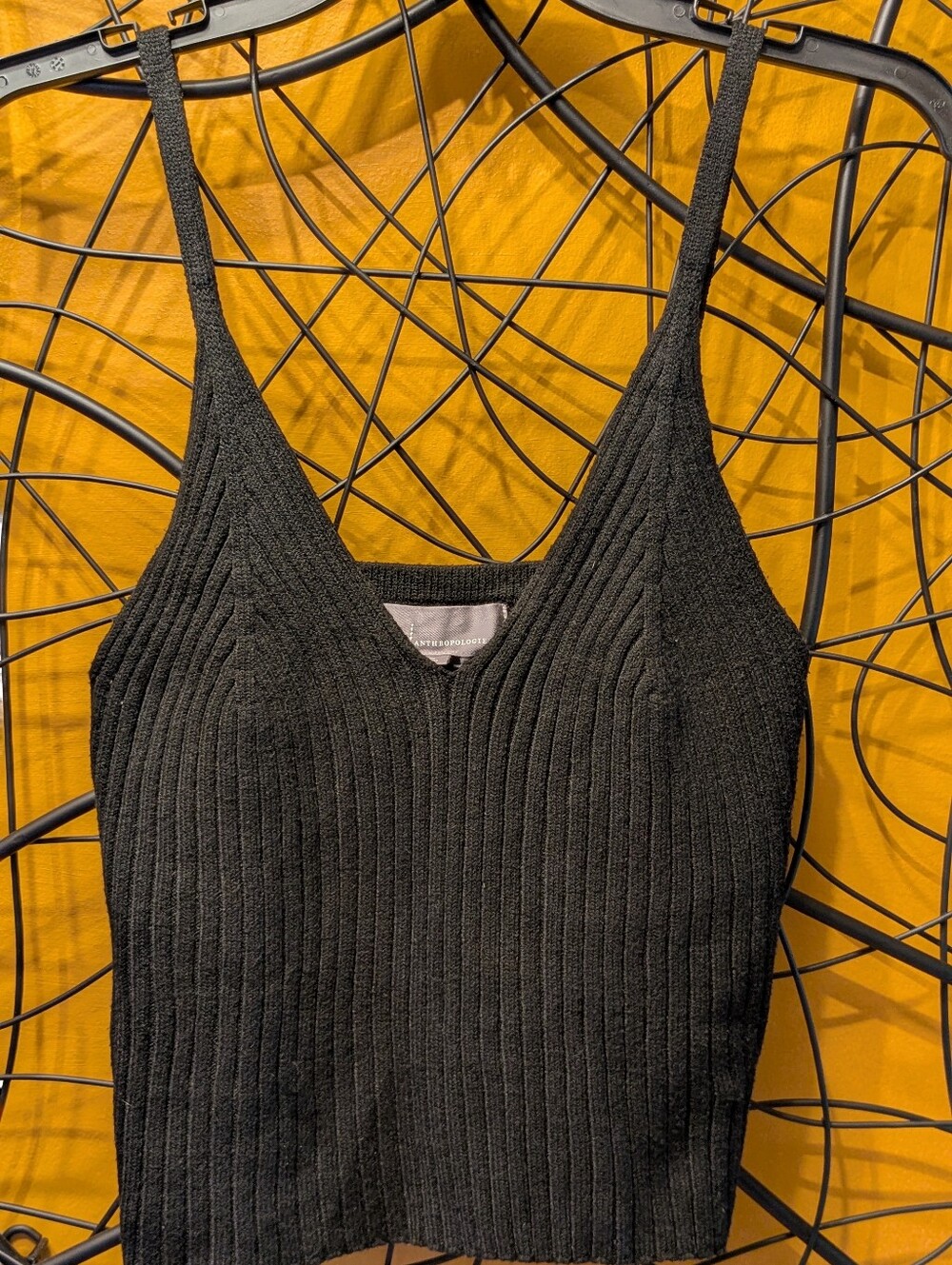 By Anthropologie Black Ribbed Knit V-Neck Cami Tank Top (Size S)